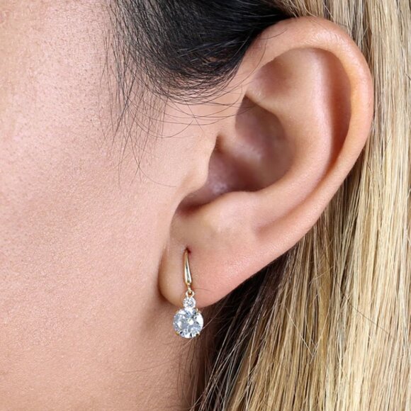 1.68 ct Solid 14K Yellow Gold 6mm Round CZ Hook Earrings - Picture 1 of 11